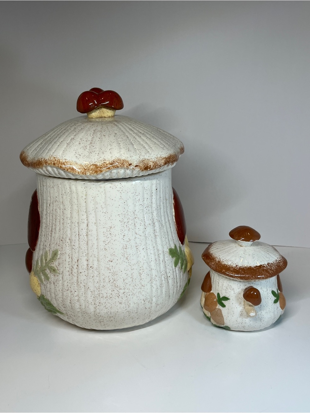 Vintage 1970s MCM Mushroom Canister Set of 2 Arnels Large Cookie Jar Sugar Bowl - Picture 8 of 16